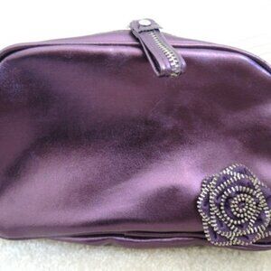 Lancome Cosmetic Bag Shiny Deep Purple Clutch Purse w/Rose Accent Makeup Bag NEW
